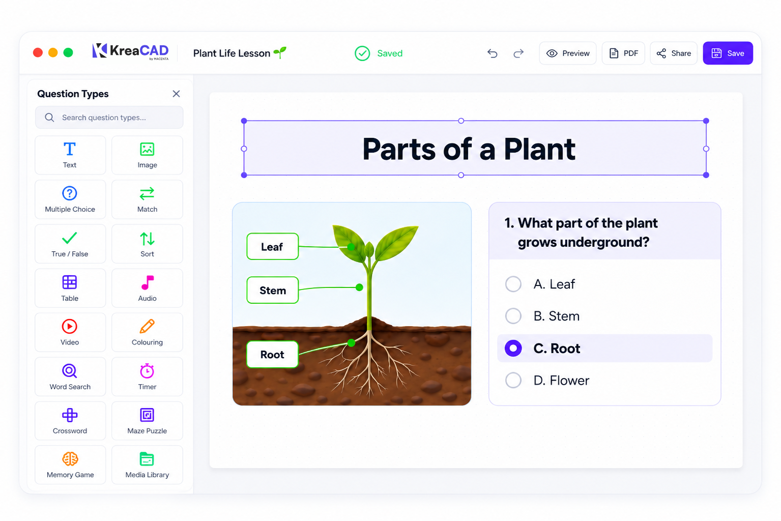 KreaCAD editor: question types panel and a lesson canvas
